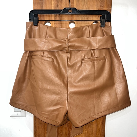 Vici Brown Faux Leather Paper Bag Tie Waist Shorts - Picture 3 of 4